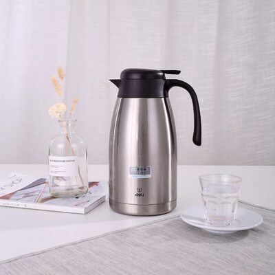 得力17754 17755保温壶暖水瓶304不锈钢2L大容量保温保冷热水壶