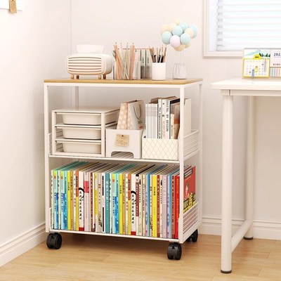 书桌旁小书架落地桌边打印机置物架D子可移动桌下书本收纳带轮书