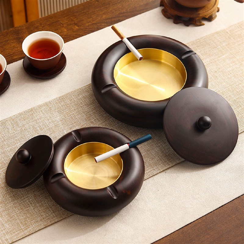 烟灰缸创意个性潮流客厅家用黑檀实木G带盖防飞灰中式金属铜制烟