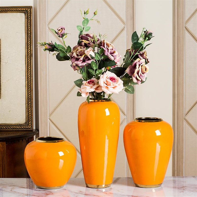 高档欧式陶e瓷花瓶样板房摆件水培插鲜花器台面干支陶罐三件套花