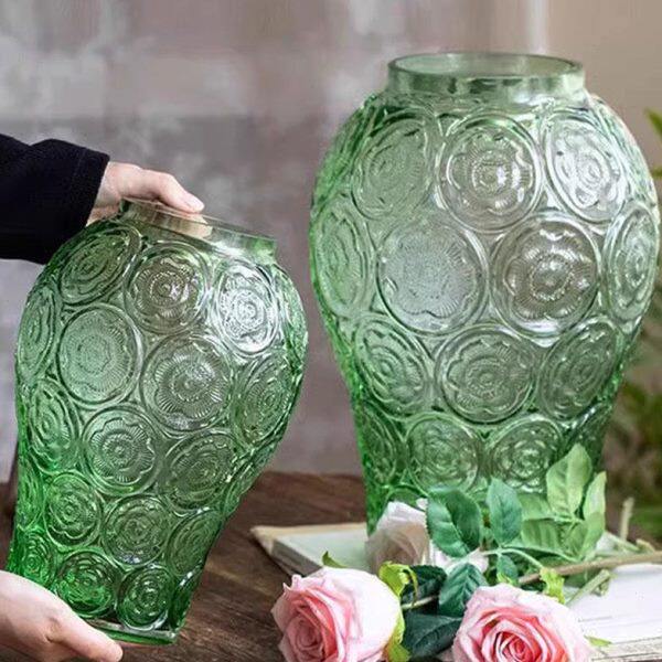 法式浮雕玻璃花瓶绛紫色客厅插花高级感摆件透明琉璃花器宫廷欧式