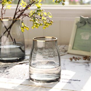 北欧轻奢风高级感宽口矮胖透明玻璃花瓶插花百合水养客厅简约摆件