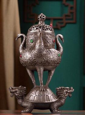 仿古纯铜龟鹤熏香炉白铜香薰炉盘香炉檀香炉家居办公室茶台摆件