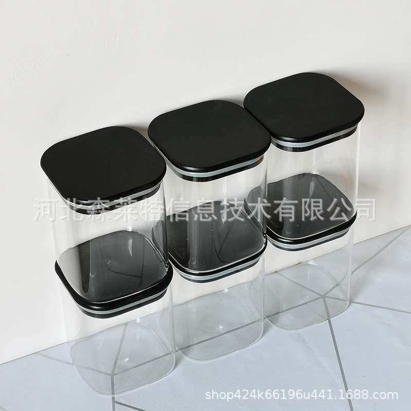 厨房收纳分类高硼硅储物罐方形玻璃罐套装配黑色方竹盖