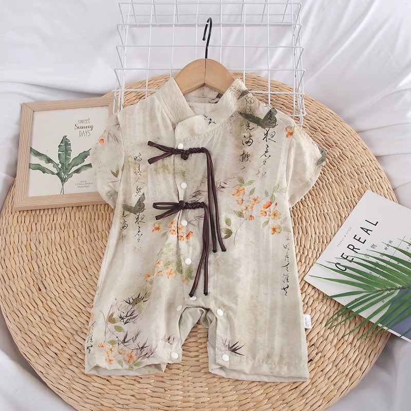 满月婴儿夏装新中式连体衣薄款男女宝宝夏季国R风外出哈衣爬服短