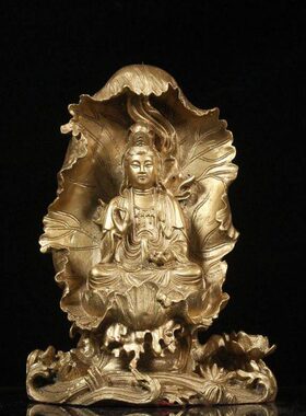 仿古纯铜荷叶坐莲观音菩萨大师佛像铜像神像家居佛堂办公室供奉