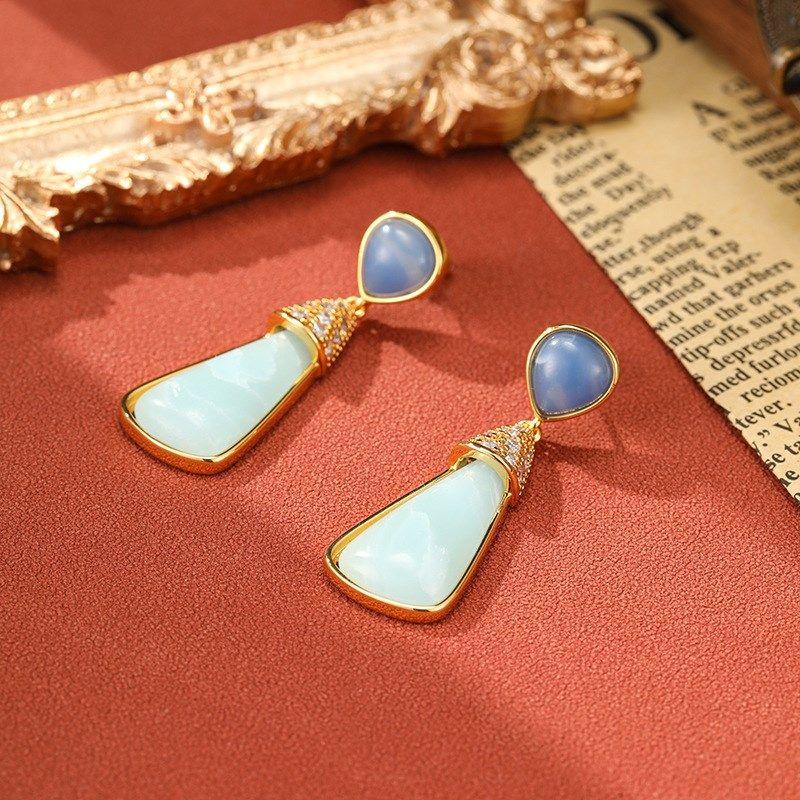 中古款耳饰小众高级感几何天然石B复古长款古风耳环女925银针个性