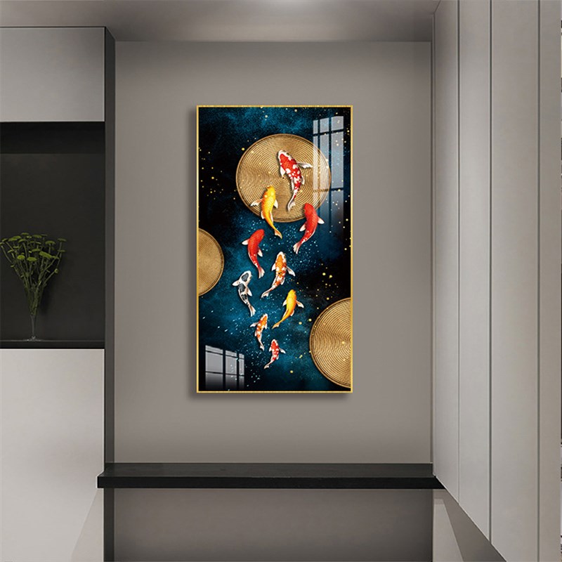 入户玄关装饰画走廊壁画现代简约九鱼竖版北欧轻奢Y晶瓷国画挂画图片