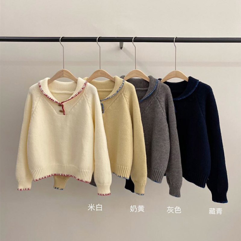 木四 学院风软糯青果领毛衣女慵懒风牛角扣翻领上衣外S套厚实M619