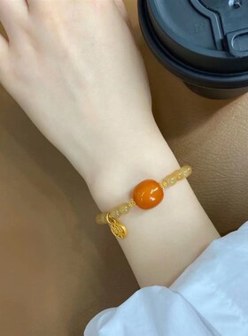 抖音爆款焦糖色蜜蜡天然龙鳞石乐牌吊坠手链乐牌吊坠手Z链弹力手