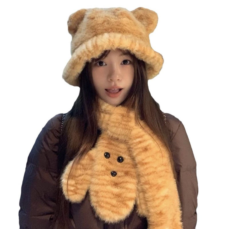 可爱虎纹小老虎渔夫帽女秋冬季卡通保暖防寒毛绒绒W帽子护颈围脖