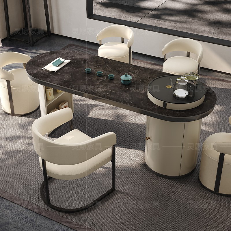 轻奢现代办公阳台泡茶台奶油风岩板茶桌椅组合高级感接待桌美容院