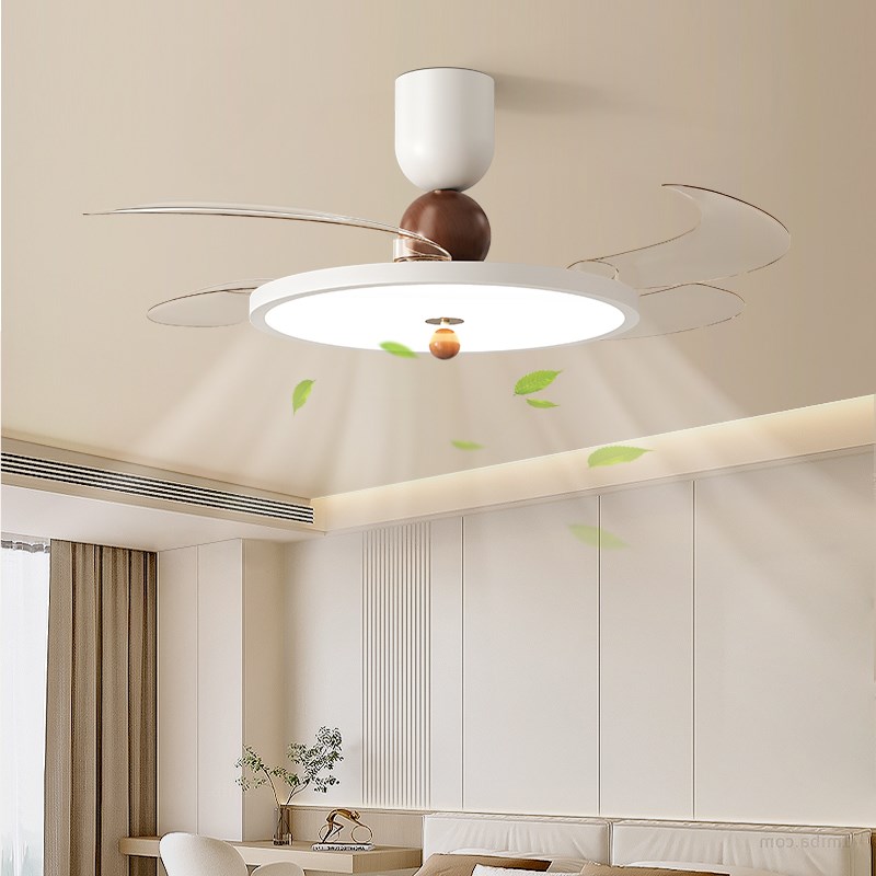 风扇灯复古胡桃木纹新款卧室吸顶灯中古风超薄隐形静音餐厅电扇灯