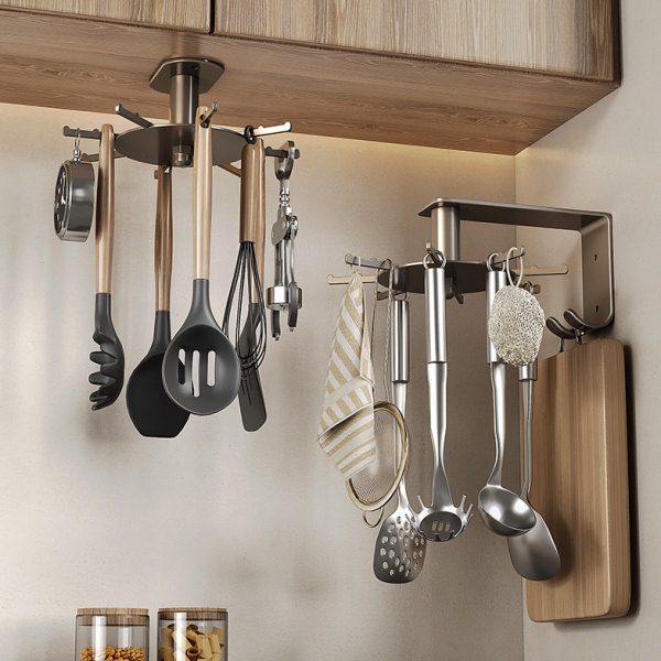 加大厨房旋转挂钩壁挂式勺子铲子收纳架菜板挂架厨具置物架免打孔