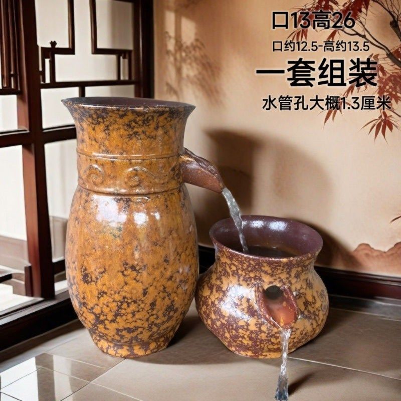 复古手工陶盆流水摆件古法养鱼庭院造景陶瓷水缸瀑布水培无孔花盆