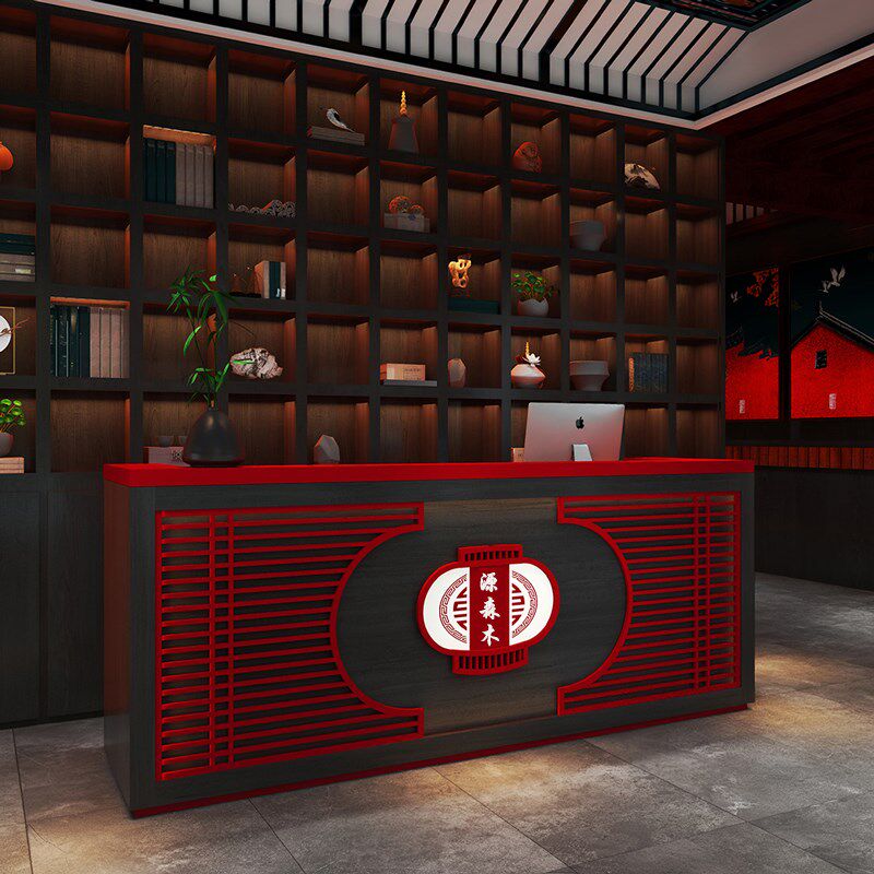国潮风火锅店吧台算盘收银台复古实木餐饮饭店酒店前台接待台中式