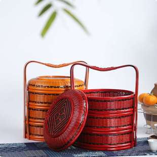 竹制品手工竹编食盒提篮结婚挑担喜事篮婚庆篮聘礼篮多层复古竹篮