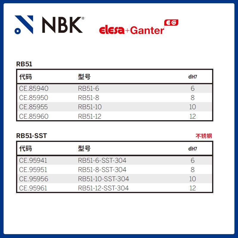 NBK ELESA RB51-SST 用于DD51的缩孔套筒 钢制或不锈钢制机械配件