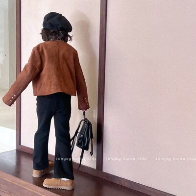 韩国波拉加绒加厚2024女童中大童喇叭裤直筒牛仔裤2024秋冬法棍裤