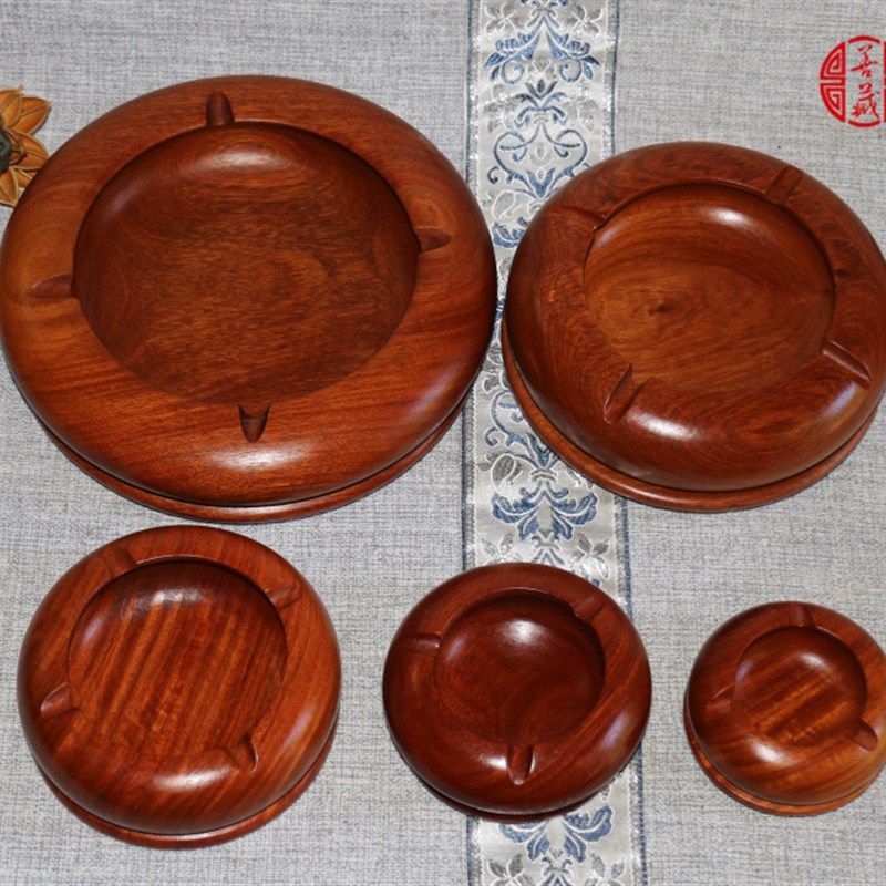 红木工艺品烟灰缸大果紫檀缅甸花梨木烟具圆形整木实木雕摆件特色
