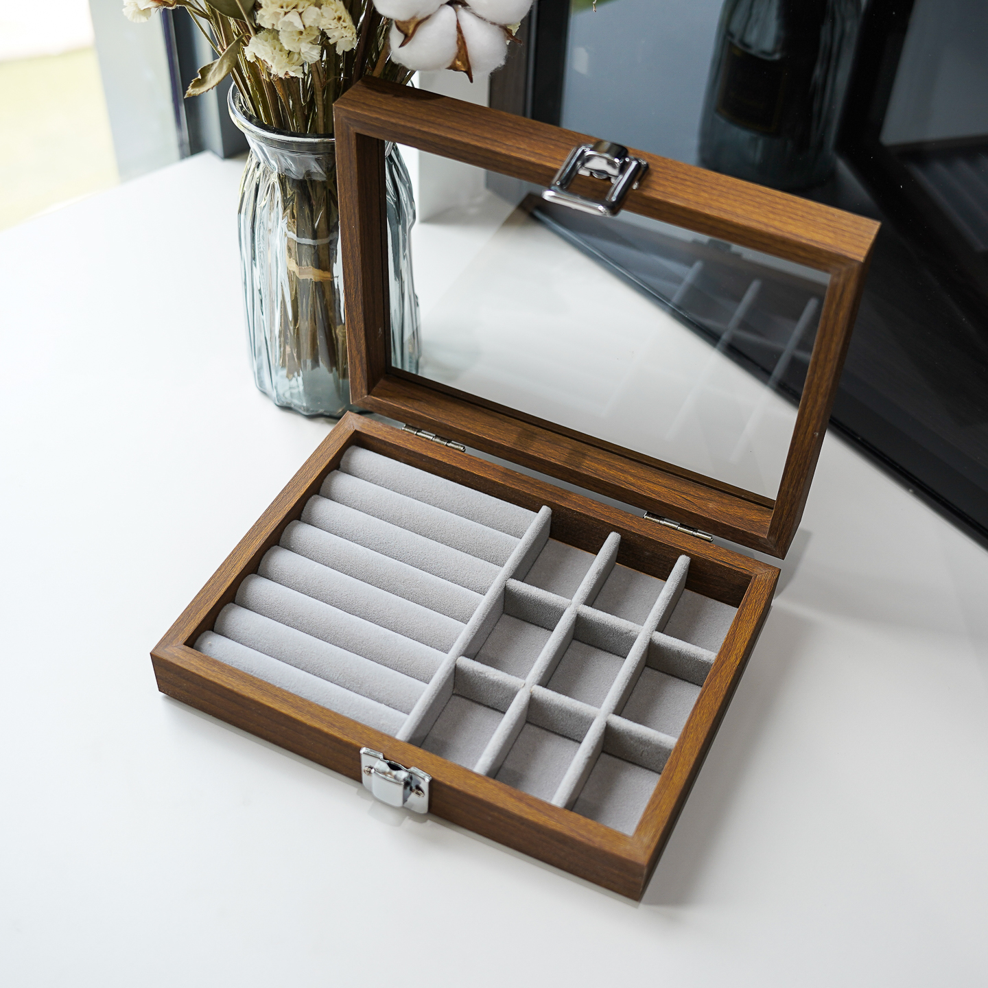 小号黑胡桃木纹防尘首饰盒