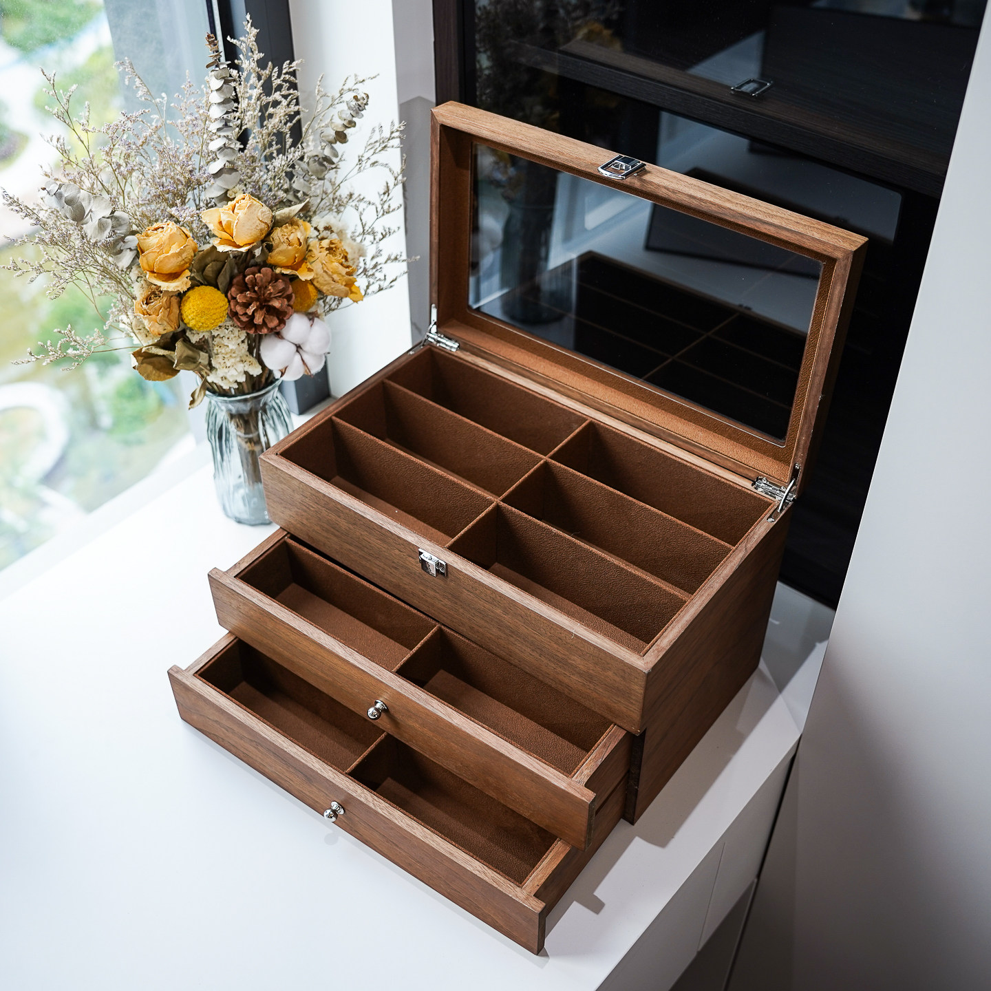 黑胡桃木三层大容量眼镜收纳盒