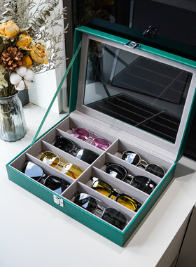 8位太阳镜收纳盒墨镜眼镜盒 高档绿色PU皮革防尘防潮带盖收藏盒子