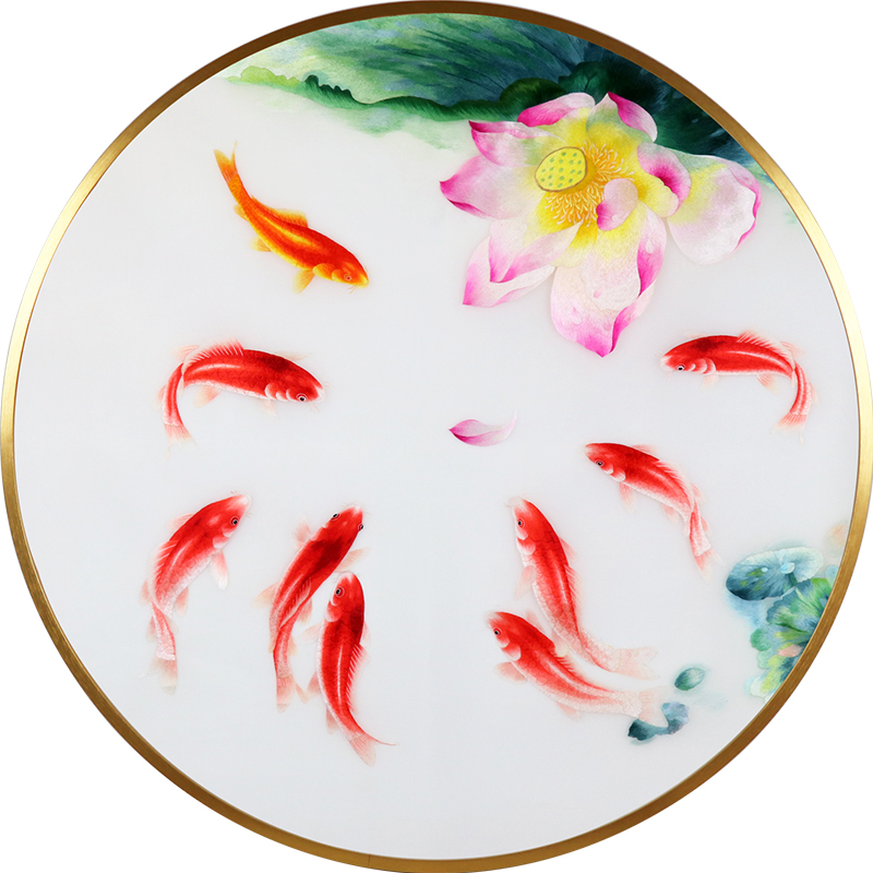 苏绣成品挂画荷花鲤鱼年年有余客厅餐厅中式圆形手工刺绣装饰画图片