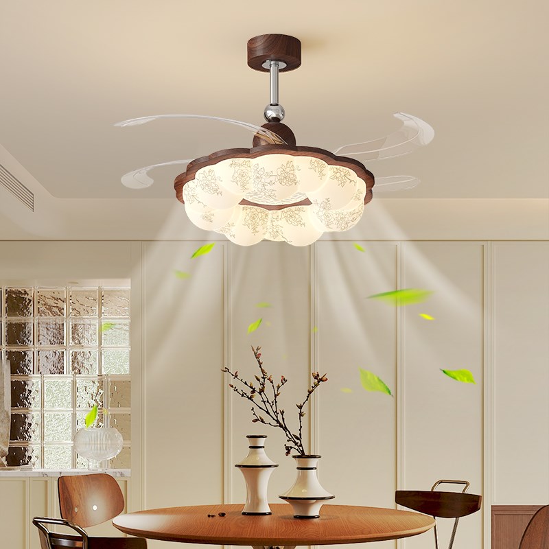 中古风扇灯卧室吸顶灯胡桃木色护眼宋代美学布艺隐形静音吊扇灯具