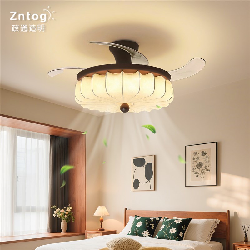 卧室风扇灯中古风氛围感复古法式隐形静音餐厅儿童房间护眼吊扇灯