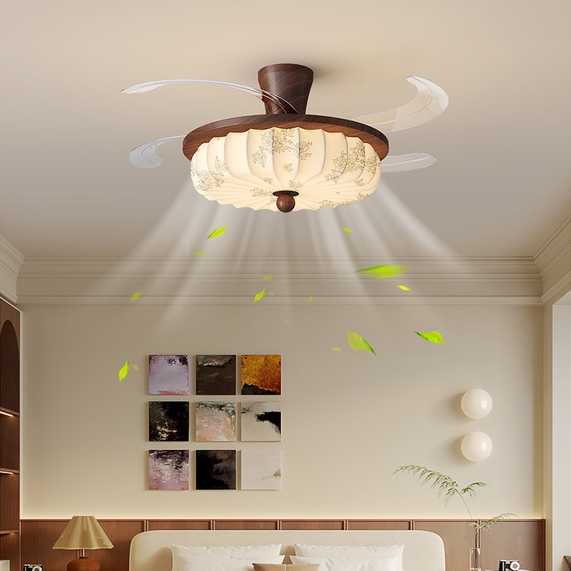 卧室风扇灯吸顶灯中古风复古宋代美学印花布艺隐形静音餐厅吊扇灯