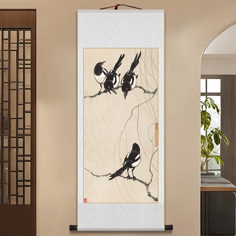 徐兆宏四喜画卷挂画中国风客厅装饰画自习室茶室入口画快乐枝壁画