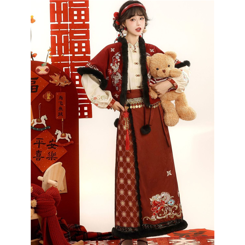 池禾原创【马上有钱】唐制汉服女唐褙子刺绣加厚套装秋冬款拜年服