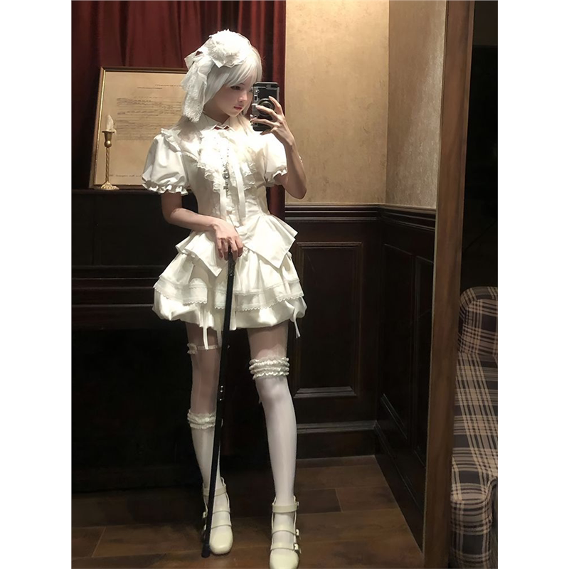 哥特王子系套装女夏季丝带蝴蝶结衬衫+蓬蓬短裙穿搭