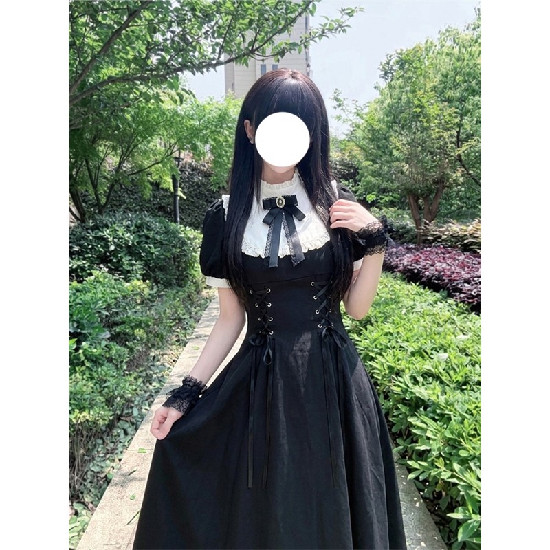 黑白梦境 优雅清楚系设计法式复古夏季新款气质收腰蕾丝连衣长裙