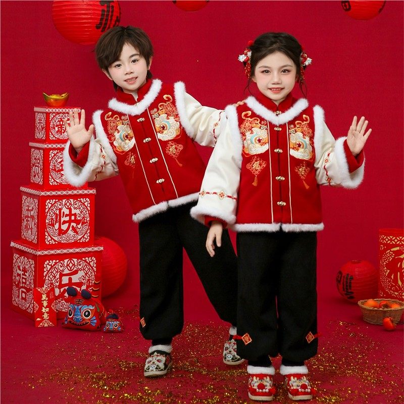 男童拜年服女童喜庆汉服冬装儿童过年服宝宝周岁礼服套装2025新款