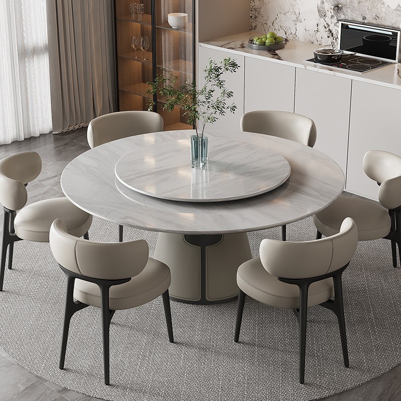 鱼肚金爵士白天然大理石圆形餐桌带转盘电动简约家用意式轻奢高端