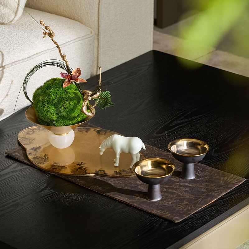 中式客厅边几陶瓷艺术摆件茶具复古鼎托盘装饰盒家饰软装搭配套装