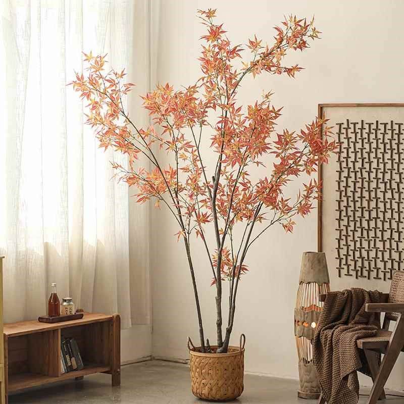 三杆红枫叶树树假树大型客厅室内落地绿植假绿植造景
