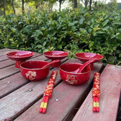 明制汉婚礼用品同牢礼敬茶杯陶瓷盖碗结婚改口红色喜庆敬茶杯套装