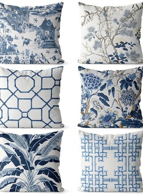 中式古典几何蓝色图案双面棉麻抱枕沙发靠垫床头大靠背腰枕套定制