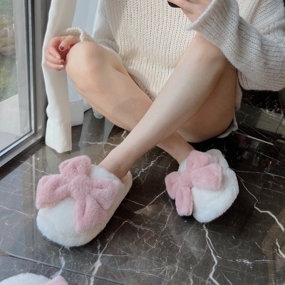 毛毛拖鞋女外穿秋冬厚底毛绒绒蝴蝶结时尚居家高级黑色包头棉拖鞋