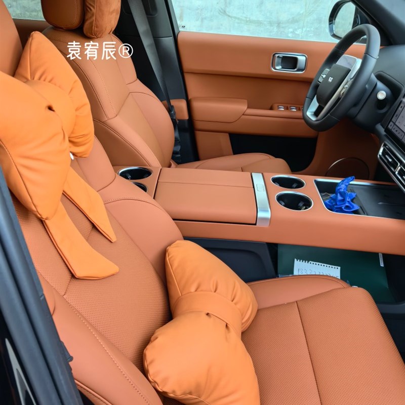 理1想同学橙色内饰蝴蝶结汽车头枕腰靠千鸟格飘带颈枕