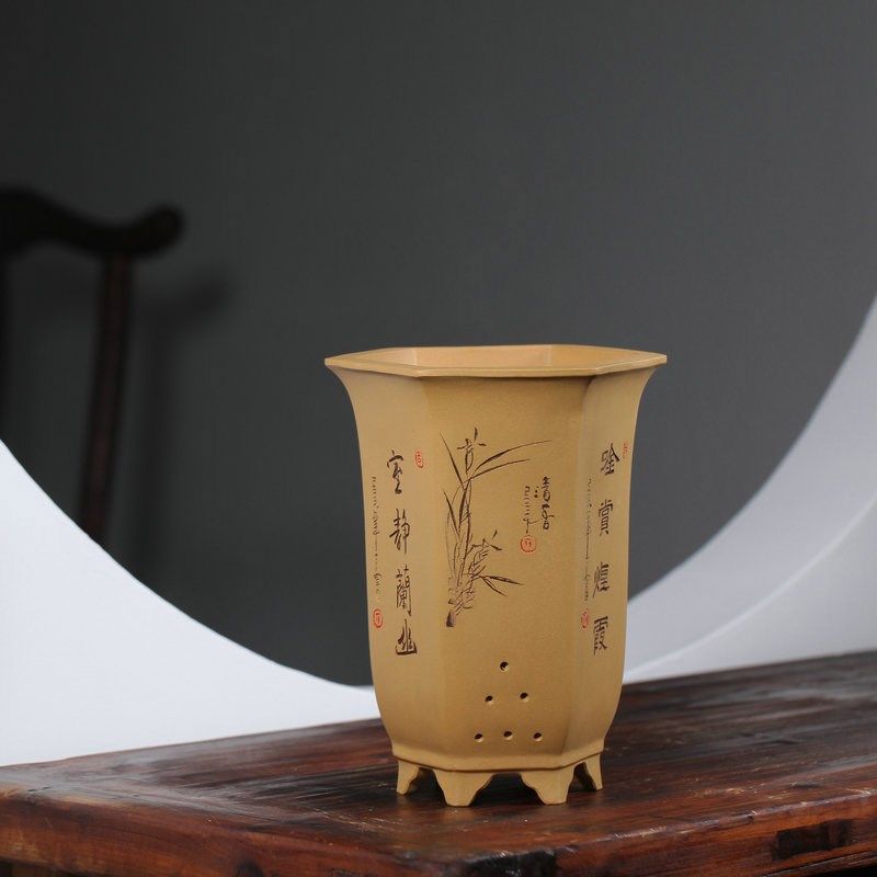 清香阁紫砂 手工阳光六方宫灯盆 桌面兰花绿植刻绘古典透气紫砂盆