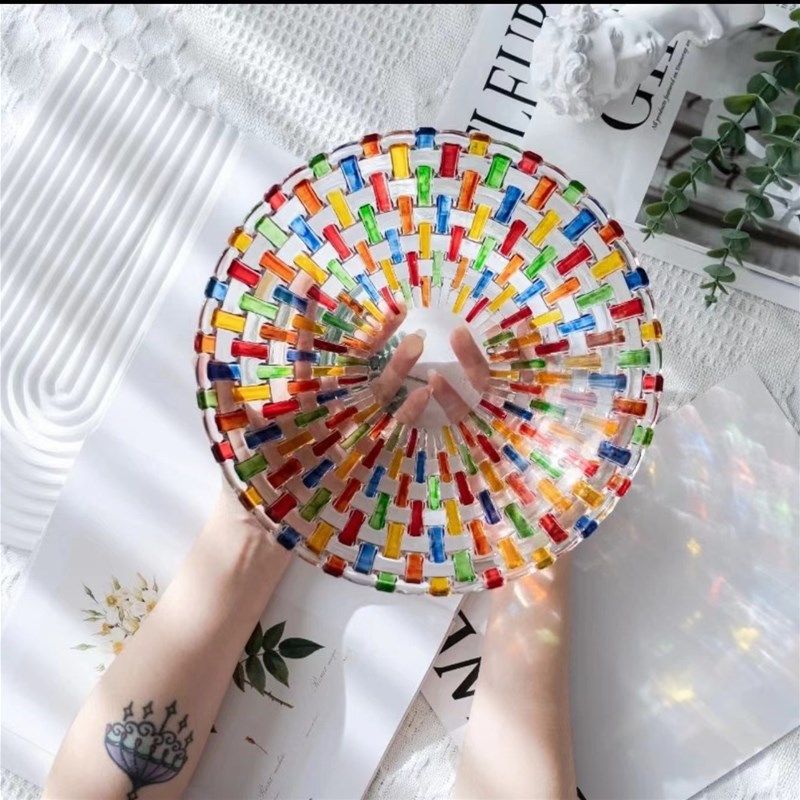 手绘彩色玻璃糖果罐编织纹彩绘果盘时尚高级创意水果盘