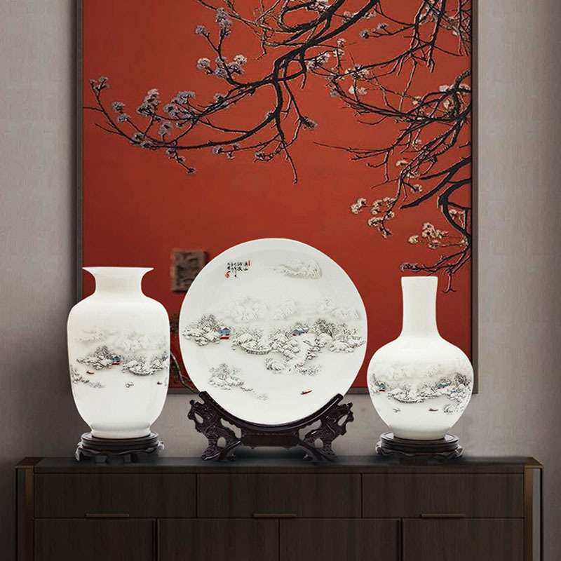 景德镇陶瓷器三件套花瓶现代酒柜摆件新中式客厅博古架家居装饰品