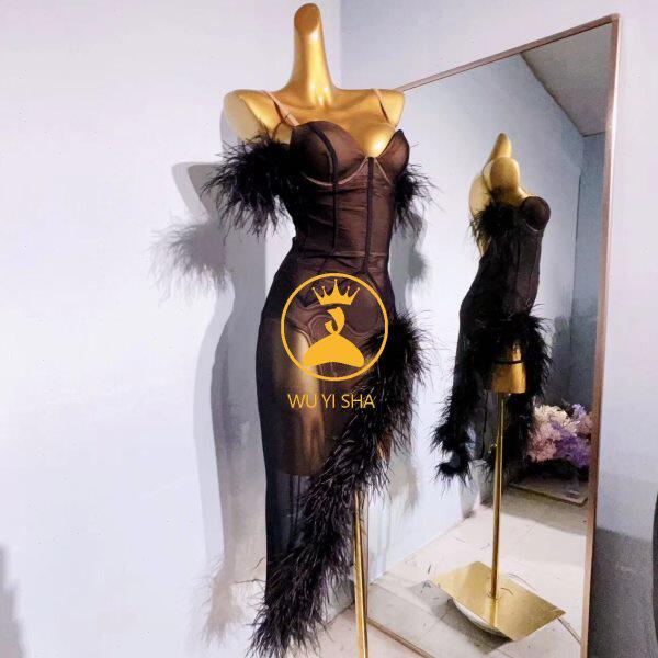 舞忆莎定制拉丁舞服专业艺考比赛服新款黑色舞蹈服鸵鸟毛无钻2613