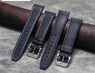 适用手工马克波涛户外登山表22mm21mm20mm磨面黑色头层真皮牛皮表