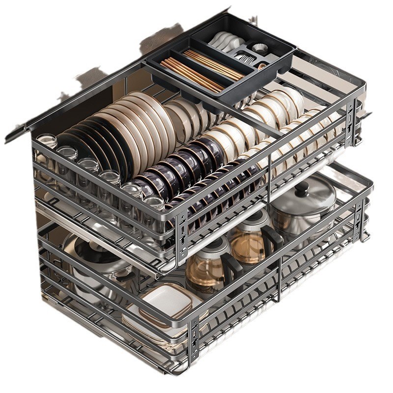 卡贝拉篮厨房橱柜碗篮304不锈钢双层抽屉式收纳碗碟架柜厨柜拉蓝