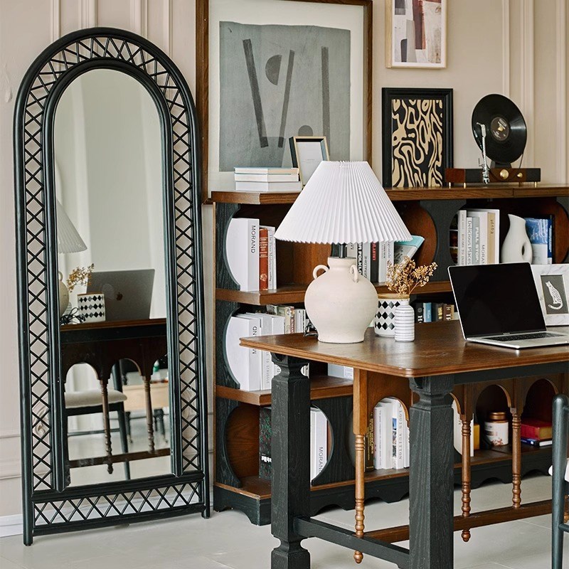 法式复古黑色藤编全身镜民宿酒店穿衣镜家用卧室衣帽间衣帽间镜子